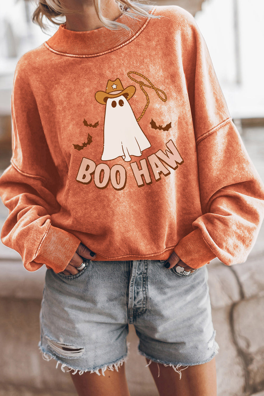 Orange BOO HAW Ghost Halloween Print Drop Sleeve Sweatshirt Orange 75%Polyester+25%Cotton Graphic Sweatshirts JT's Designer Fashion