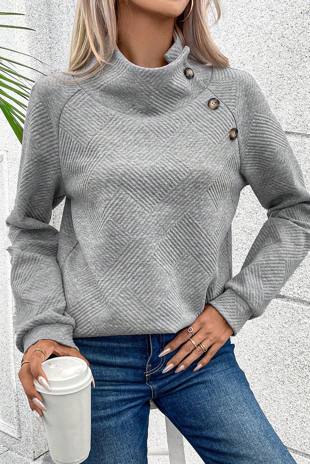 Gray Solid Button Detail Sweatshirt Sweatshirts & Hoodies JT's Designer Fashion