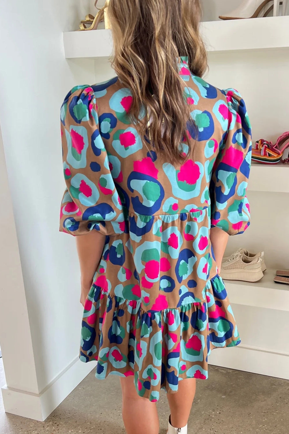 Green Leopard Print Bubble Sleeve Slit Neck Ruffled Dress Dresses JT's Designer Fashion