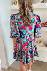 Green Leopard Print Bubble Sleeve Slit Neck Ruffled Dress Dresses JT's Designer Fashion