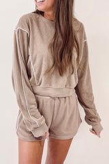 Khaki Exposed Seam Long Sleeve High Waist Shorts Set Bottoms JT's Designer Fashion