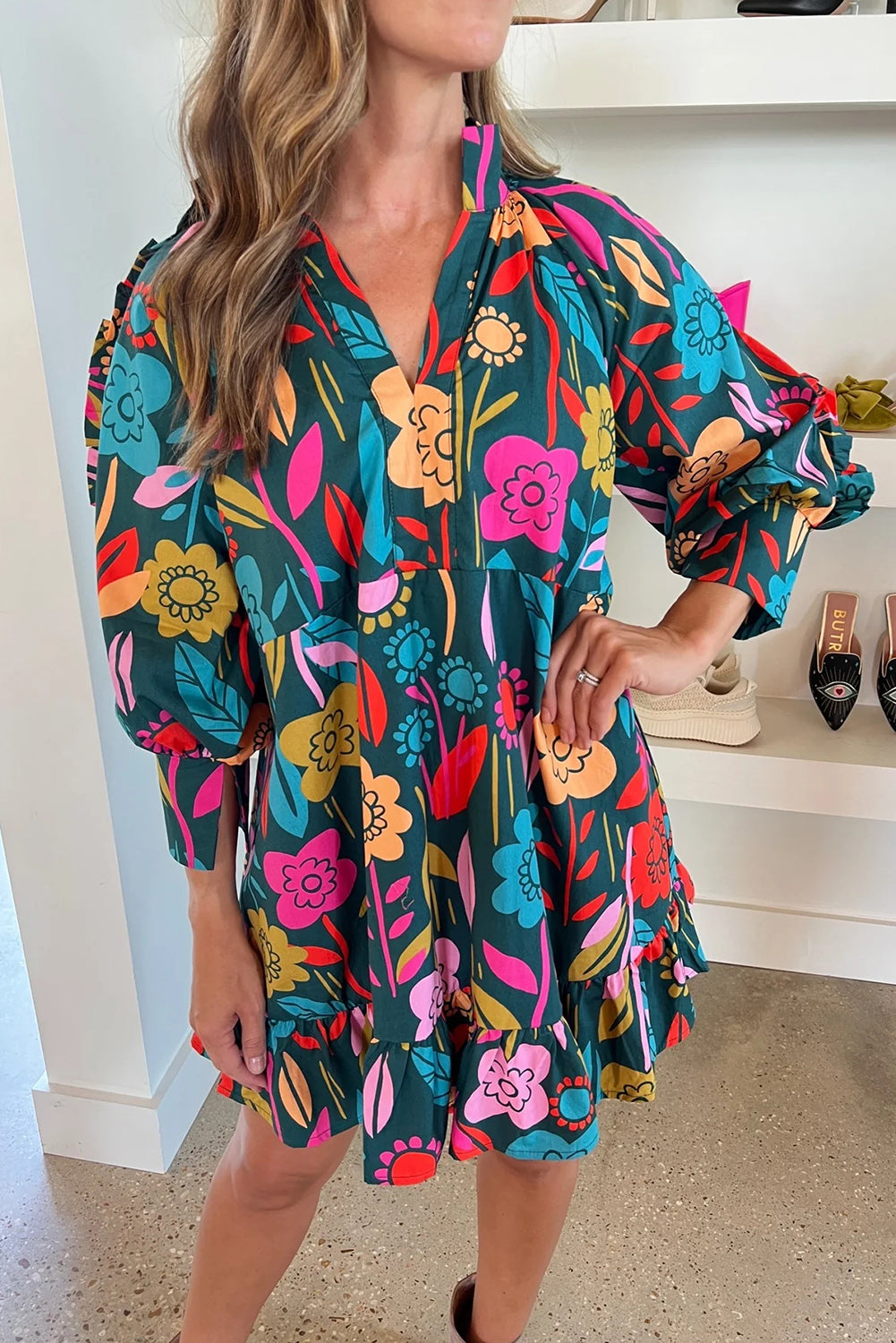 Green Flower Print Ruffled Trim V Neck Mini Dress Dresses JT's Designer Fashion