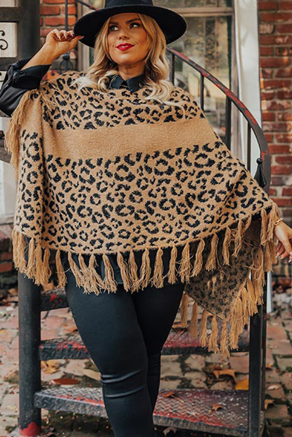 Leopard Plus Size Tasseled Hem Draped Poncho Plus Size JT's Designer Fashion