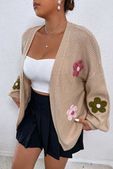Smoke Gray Floral Applique Drop Shoulder Bubble Sleeve Cardigan Sweaters & Cardigans JT's Designer Fashion