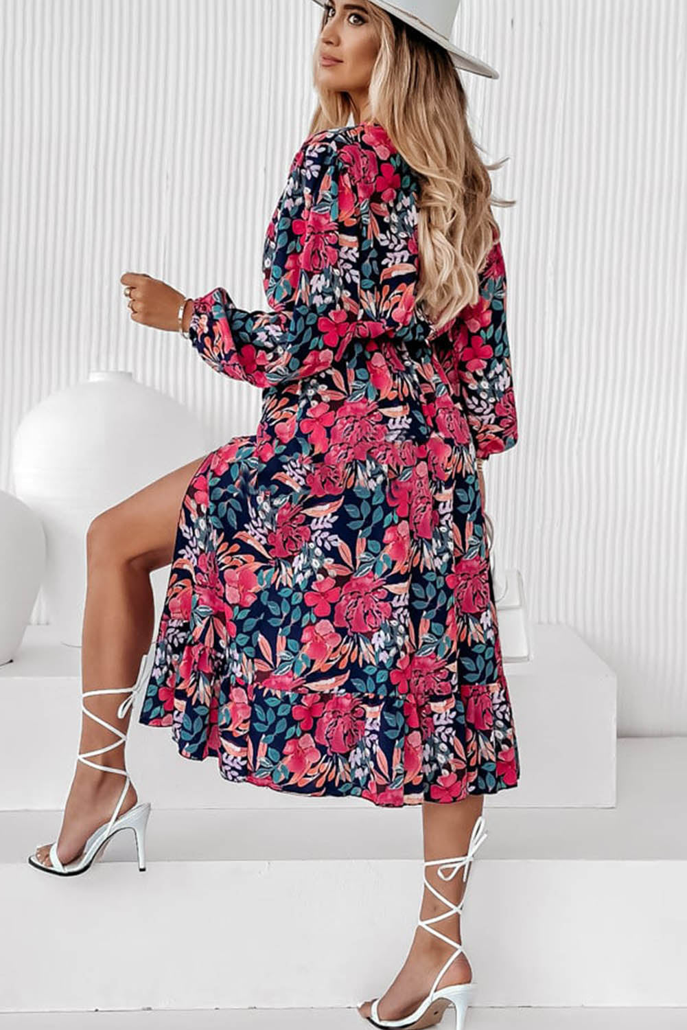 Red V Neck Elastic High Waist Split Floral Dress Dresses JT's Designer Fashion