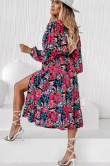 Red V Neck Elastic High Waist Split Floral Dress Dresses JT's Designer Fashion