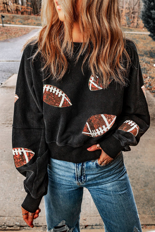 Black Sequined Rugby Graphic Open Back Sweatshirt Black 80%Polyester+20%Cotton Graphic Sweatshirts JT's Designer Fashion