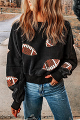 Black Sequined Rugby Graphic Open Back Sweatshirt Black 80%Polyester+20%Cotton Graphic Sweatshirts JT's Designer Fashion