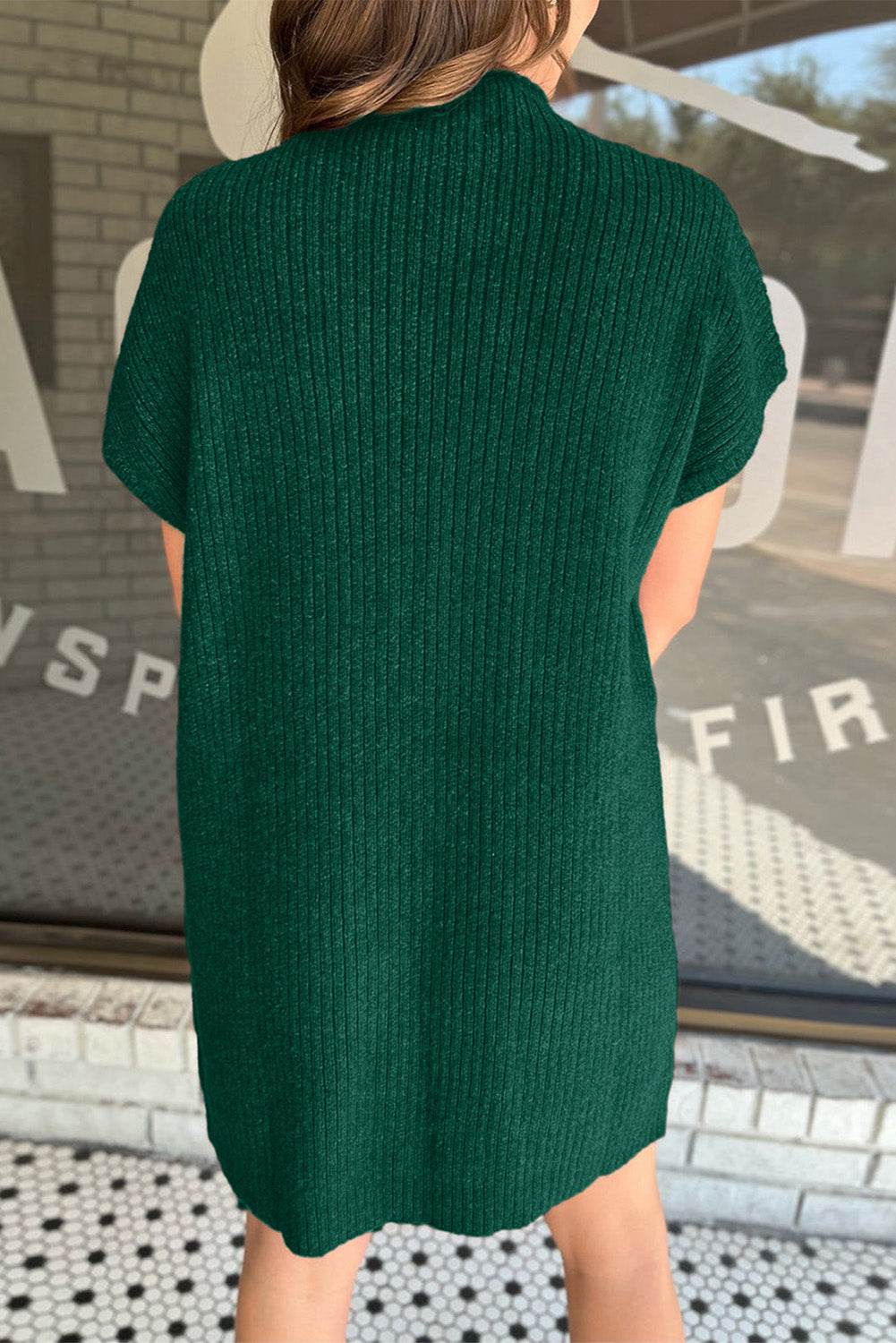 Blackish Green Patch Pocket Ribbed Knit Short Sleeve Sweater Dress Dresses JT's Designer Fashion