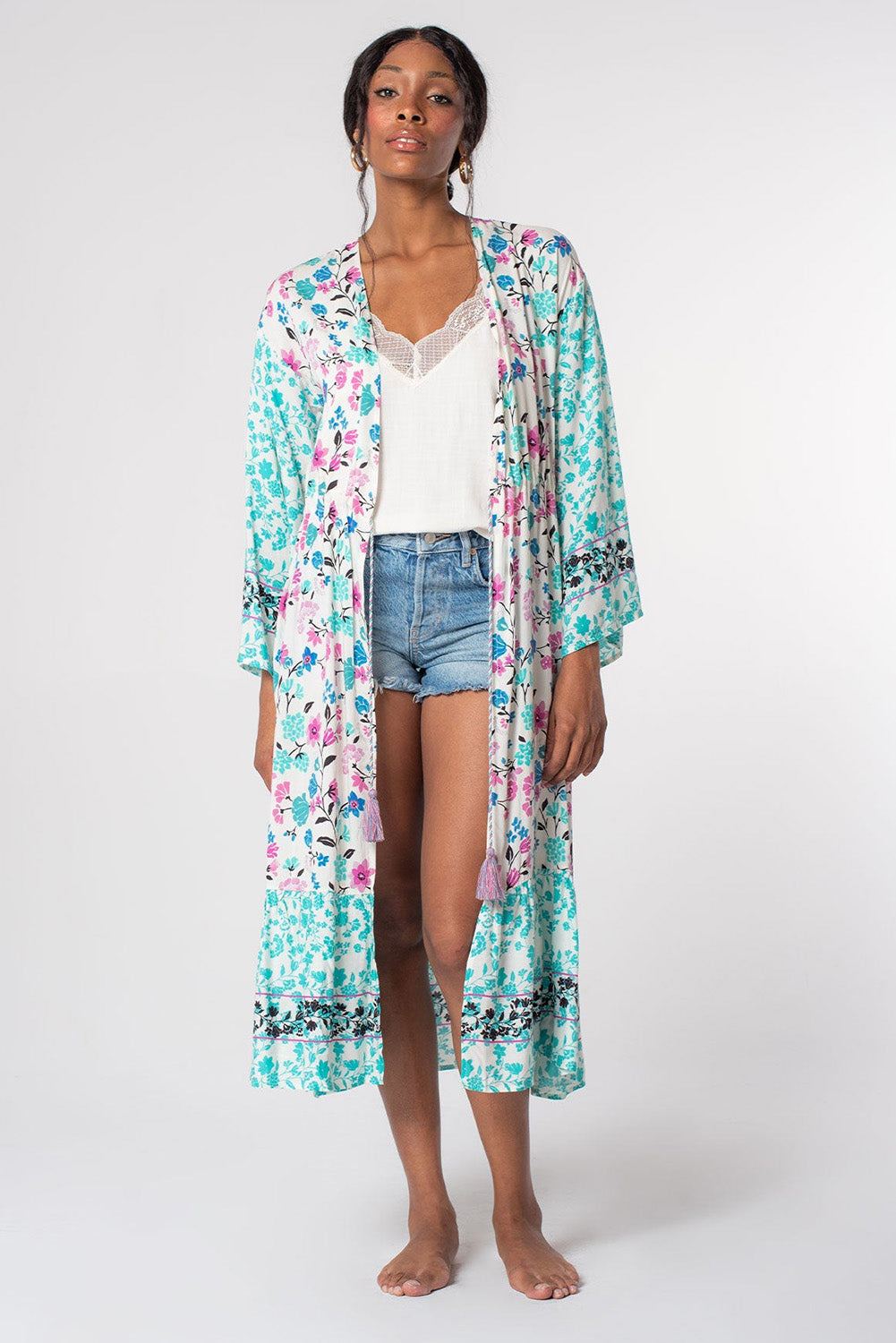 Multicolor Long Sleeve Tassel Tie Floral Kimono Kimonos JT's Designer Fashion