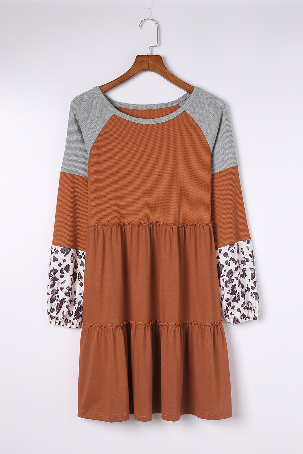 Brown Waffle Knit Leopard Patchwork Long Sleeve Dress Mini Dresses JT's Designer Fashion