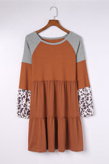 Brown Waffle Knit Leopard Patchwork Long Sleeve Dress Mini Dresses JT's Designer Fashion