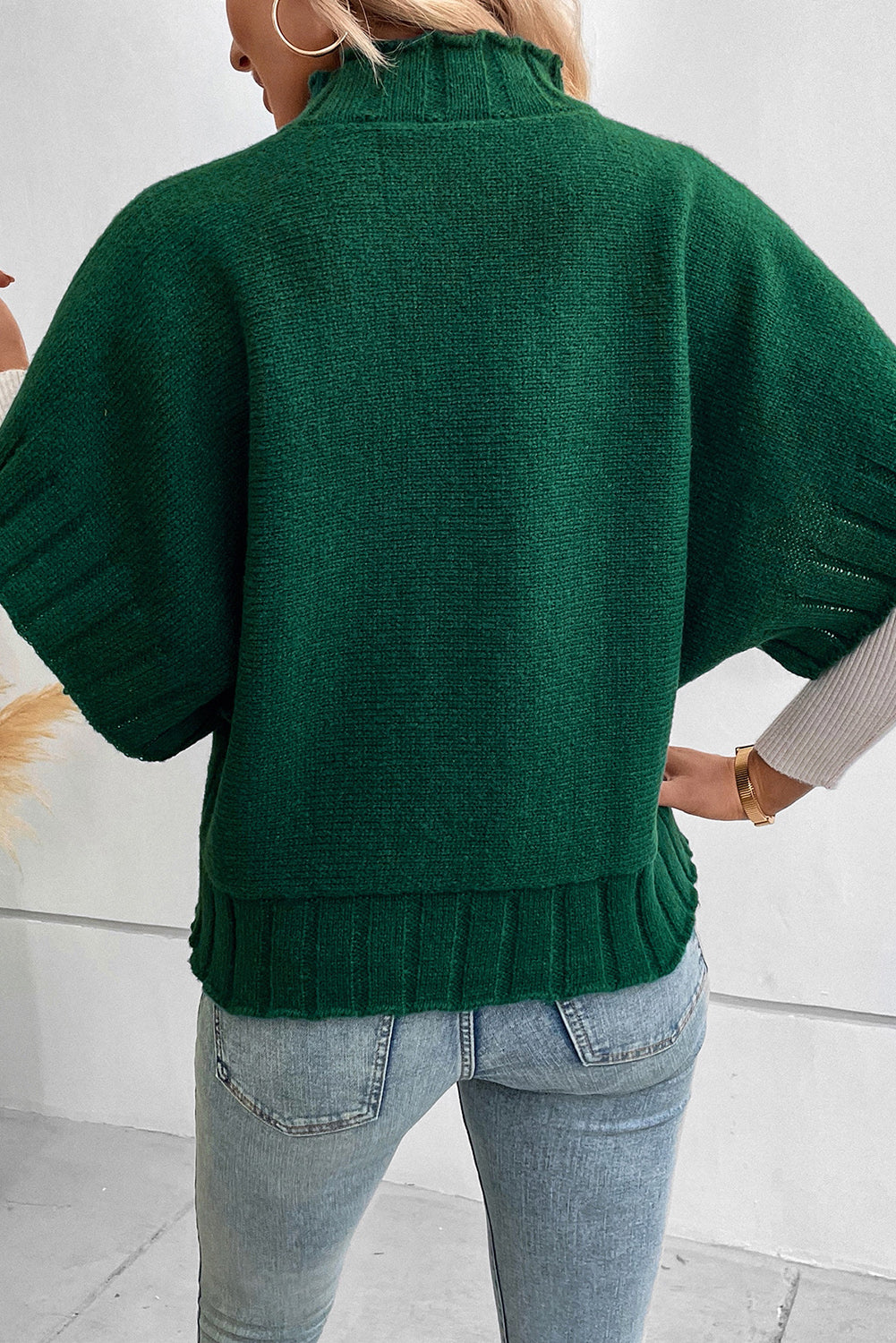 Blackish Green Mock Neck Batwing Sleeve Knit Sweater Sweaters & Cardigans JT's Designer Fashion