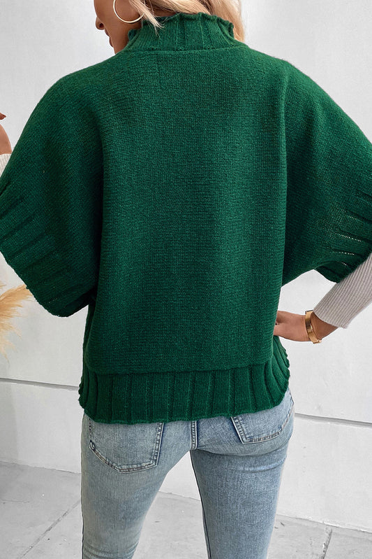 Blackish Green Mock Neck Batwing Sleeve Knit Sweater Sweaters & Cardigans JT's Designer Fashion
