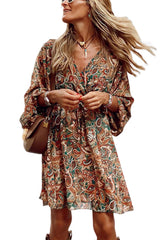 Brown Geometric Print Long Sleeve Surplice Flowy Dress Dresses JT's Designer Fashion
