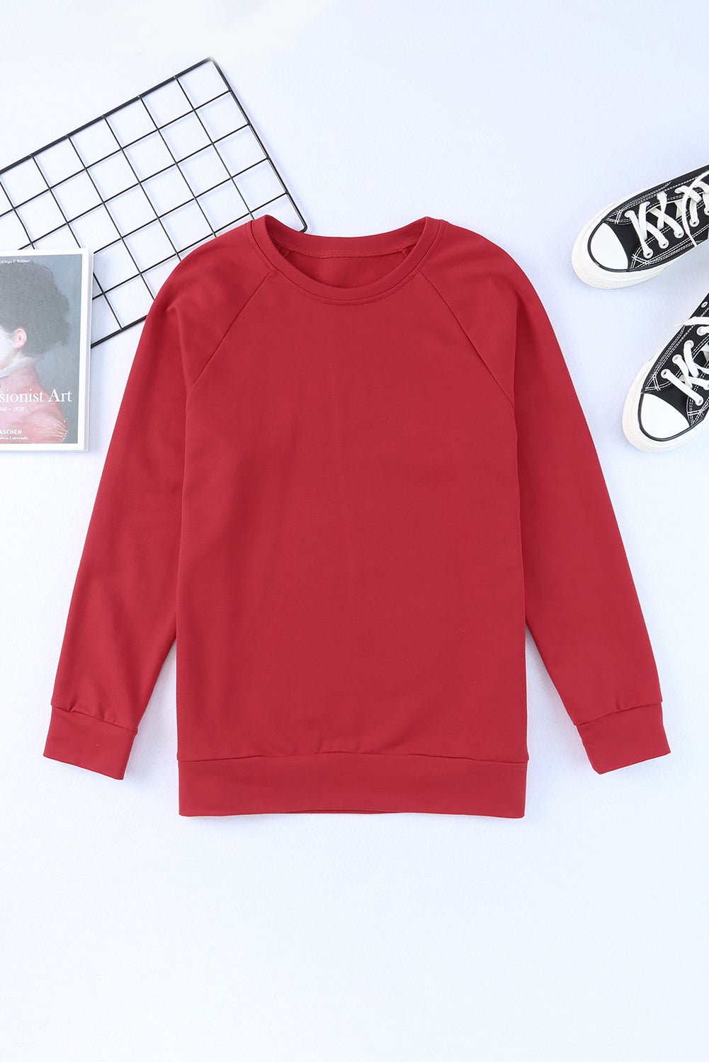 Red Solid Round Neck Raglan Sleeve Sweatshirt Sweatshirts & Hoodies JT's Designer Fashion