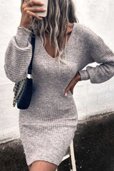 Gray V Neck Bodycon Sweater Dress Sweaters & Cardigans JT's Designer Fashion