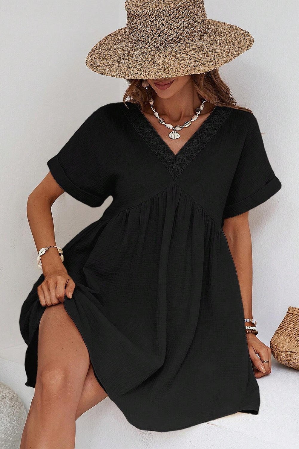 Black Folded Short Sleeve Lace V Neck Mini Dress Dresses JT's Designer Fashion