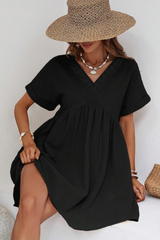 Black Folded Short Sleeve Lace V Neck Mini Dress Dresses JT's Designer Fashion