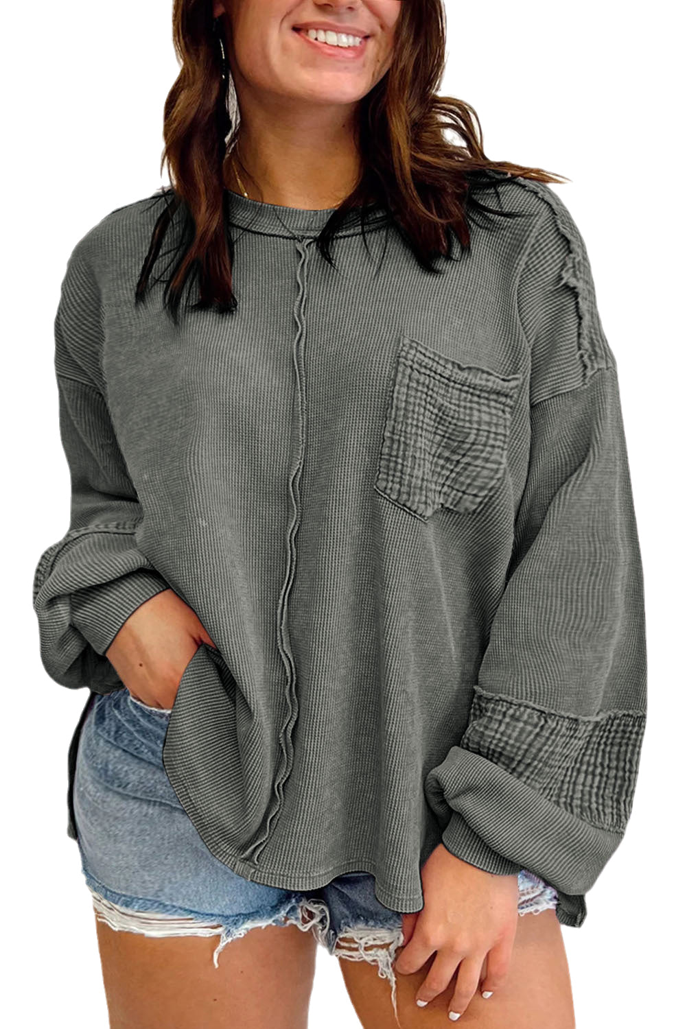 Dark Grey Pink Distressed Crinkle Patchwork Plus Size Top Plus Size JT's Designer Fashion