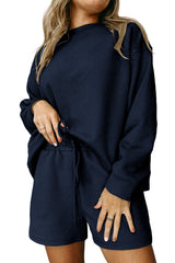 Navy Blue Gray Textured Long Sleeve Top and Drawstring Shorts Set Bottoms JT's Designer Fashion