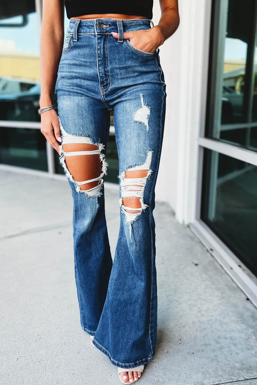 Blue Ripped Cutout Flare Leg Jeans Bottoms JT's Designer Fashion