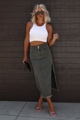 Black High Split Raw Edge Midi Jean Skirt Bottoms JT's Designer Fashion
