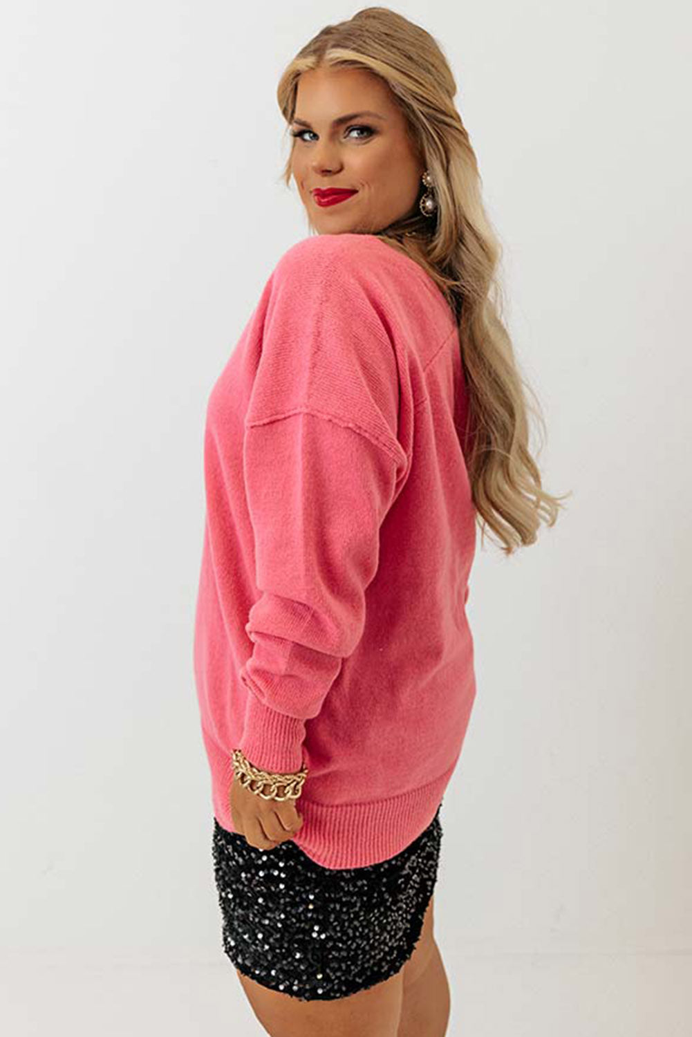 Pink Plus Size Drop Shoulder V Neck Sweater Plus Size JT's Designer Fashion