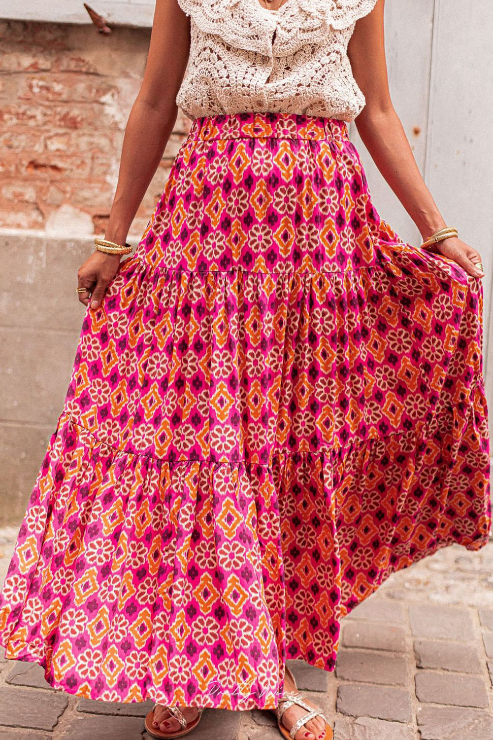 Rose Geometric Floral Print Tiered Maxi Skirt Bottoms JT's Designer Fashion