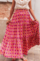 Rose Geometric Floral Print Tiered Maxi Skirt Bottoms JT's Designer Fashion