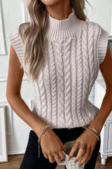 Oatmeal Ribbed Trim High Neck Cable Knit Sweater Vest Sweaters & Cardigans JT's Designer Fashion