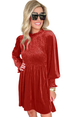 Clay Red Frilled Neck Smocked Bodice Velvet Dress Dresses JT's Designer Fashion