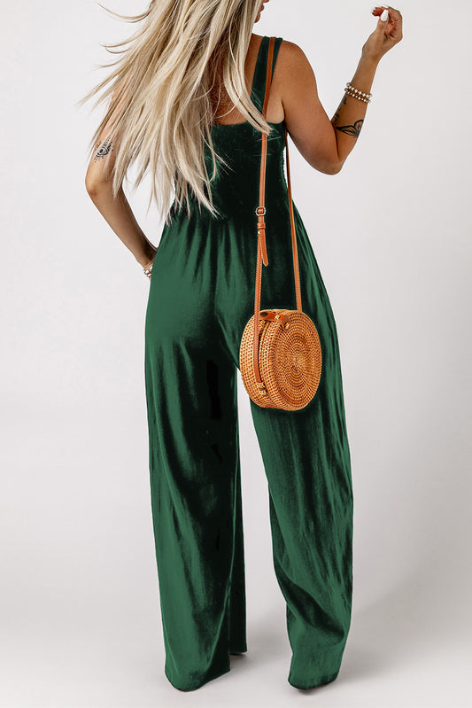 Green Smocked Sleeveless Wide Leg Jumpsuit with Pockets Jumpsuits & Rompers JT's Designer Fashion