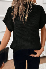 Black Ribbed Turtleneck Textured Short Sleeve Sweater Sweaters & Cardigans JT's Designer Fashion