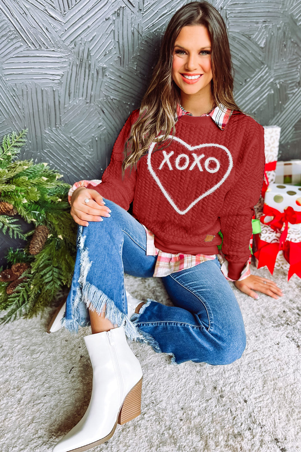 Racing Red Valentines Heart XOXO Graphic Textured Sweatshirt Sweatshirts & Hoodies JT's Designer Fashion