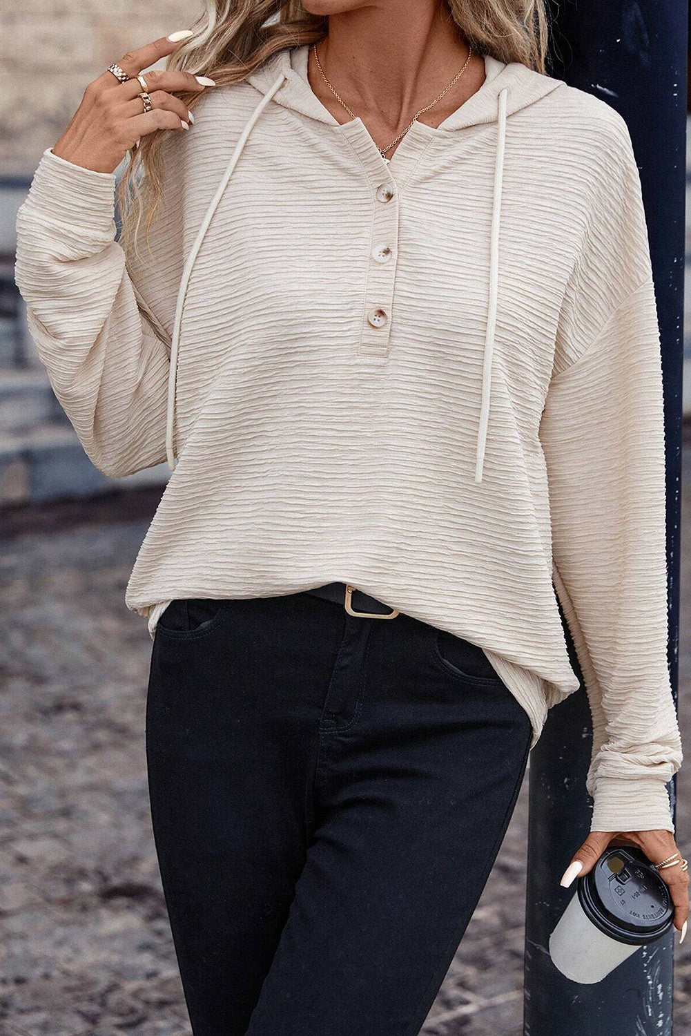 Apricot Solid Textured Drawstring Henley Hoodie Sweatshirts & Hoodies JT's Designer Fashion