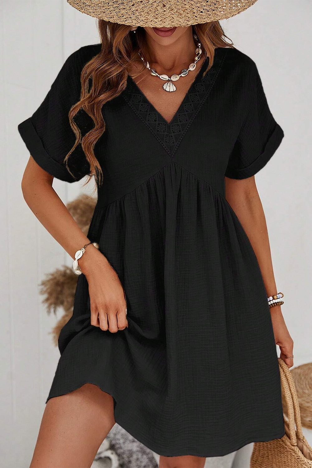 Black Folded Short Sleeve Lace V Neck Mini Dress Dresses JT's Designer Fashion