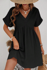 Black Folded Short Sleeve Lace V Neck Mini Dress Dresses JT's Designer Fashion