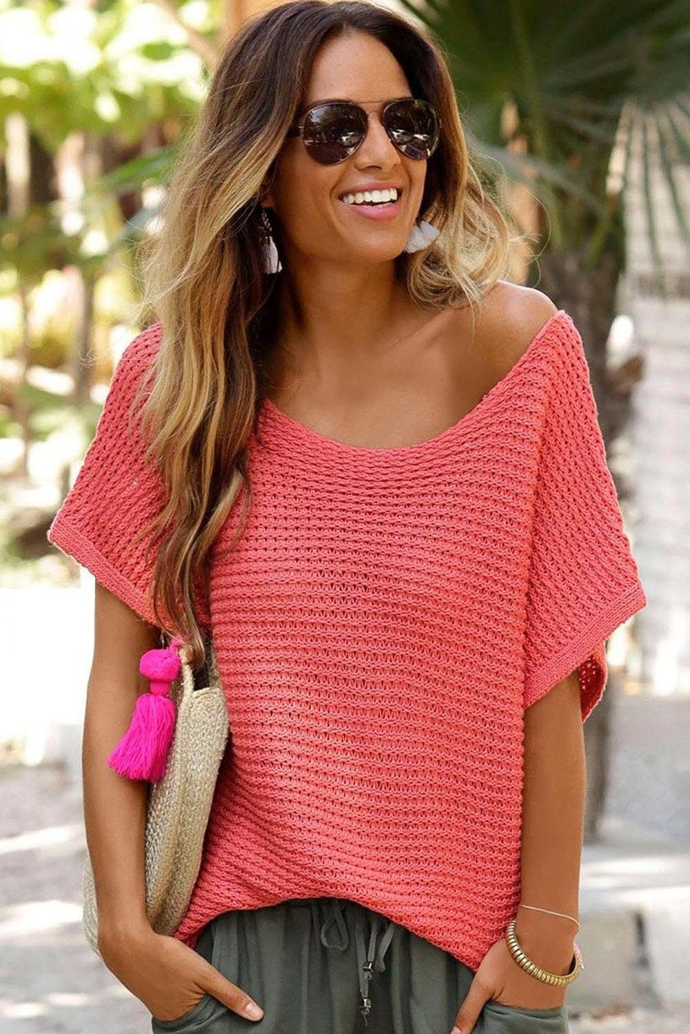 Red Clay Solid Loose Knit Short Dolman Sleeve Sweater Sweaters & Cardigans JT's Designer Fashion