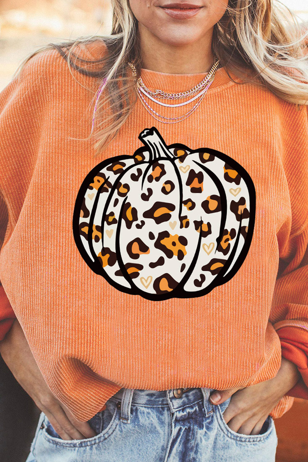 Orange Leopard Pumpkin Graphic Corded Sweatshirt Orange-3 100%Polyester Graphic Sweatshirts JT's Designer Fashion