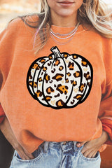 Orange Leopard Pumpkin Graphic Corded Sweatshirt Orange-3 100%Polyester Graphic Sweatshirts JT's Designer Fashion