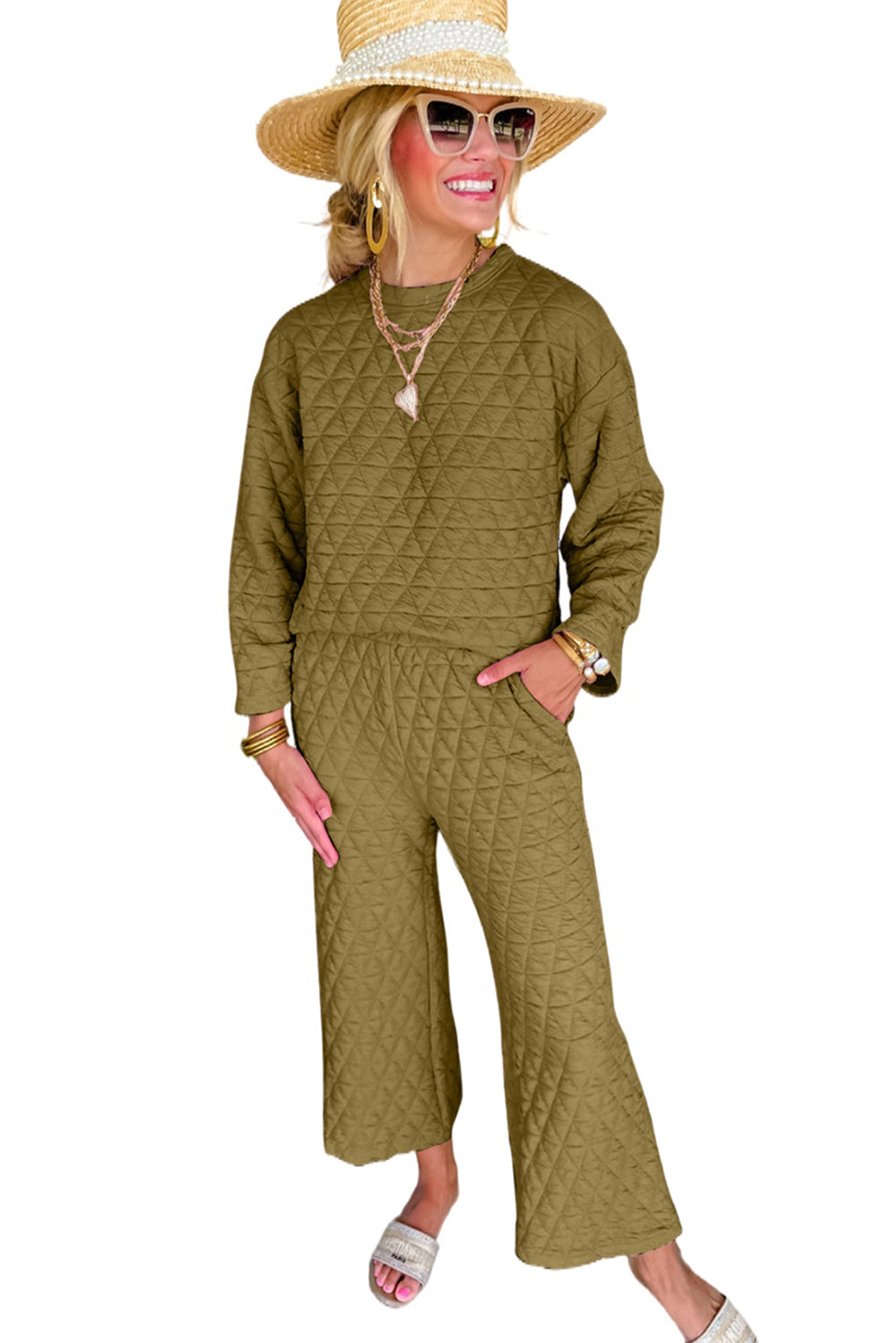 sage Green Solid Quilted Long Sleeve Top Pants Outfit Bottoms JT's Designer Fashion