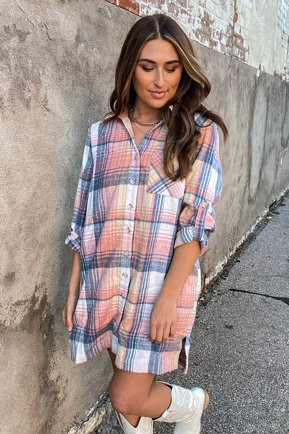 Pink Plaid Roll-tab Sleeve Side Slit Shirt Dress Dresses JT's Designer Fashion