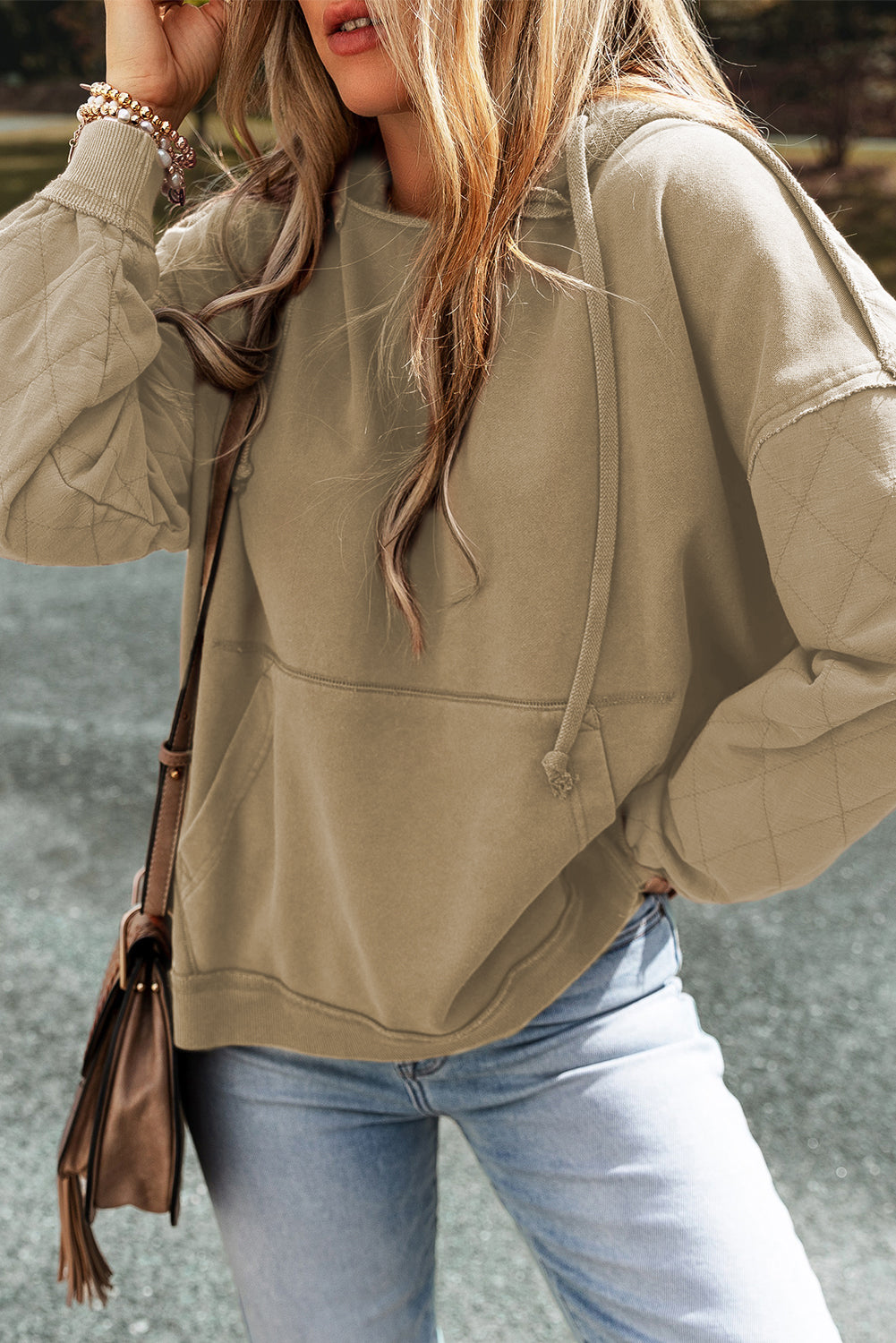 Parchment Quilted Patchwork Exposed Seam Hoodie Sweatshirts & Hoodies JT's Designer Fashion