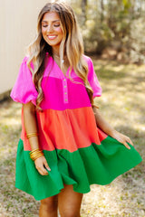 Multicolor Color Block Tiered Puff Sleeve Dress Mini Dresses JT's Designer Fashion