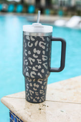 Gray Leopard Print 40OZ Stainless Steel Portable Cup with Handle Tumblers JT's Designer Fashion