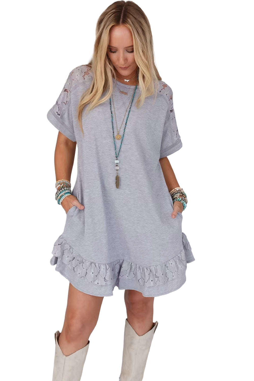 Light Grey Lace Floral Patchwork Ruffled Short Sleeve Mini Dress Mini Dresses JT's Designer Fashion