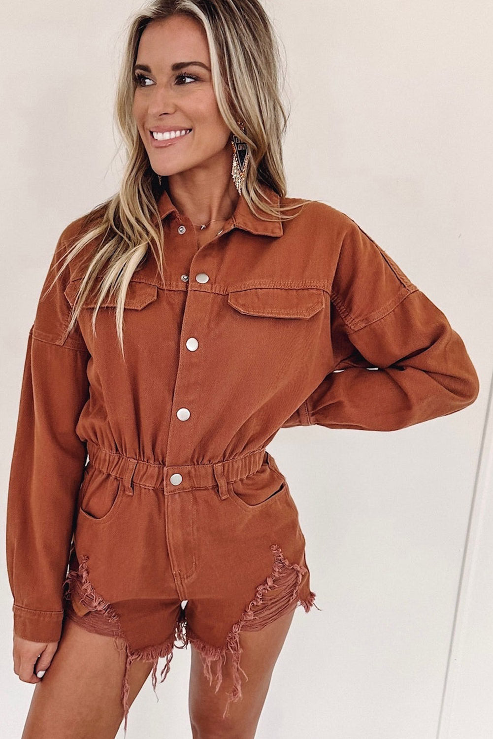Gold Flame Snap Button Long Sleeve Ripped Romper Bottoms JT's Designer Fashion