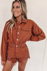 Gold Flame Snap Button Long Sleeve Ripped Romper Bottoms JT's Designer Fashion