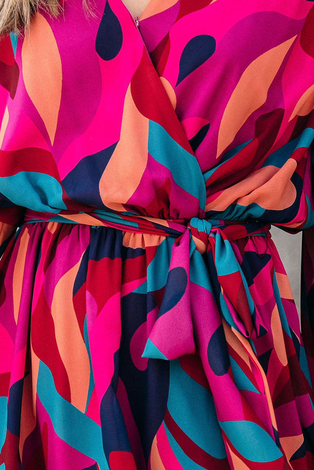Red Abstract Printed Belted Puff Sleeve Mini Dress Mini Dresses JT's Designer Fashion